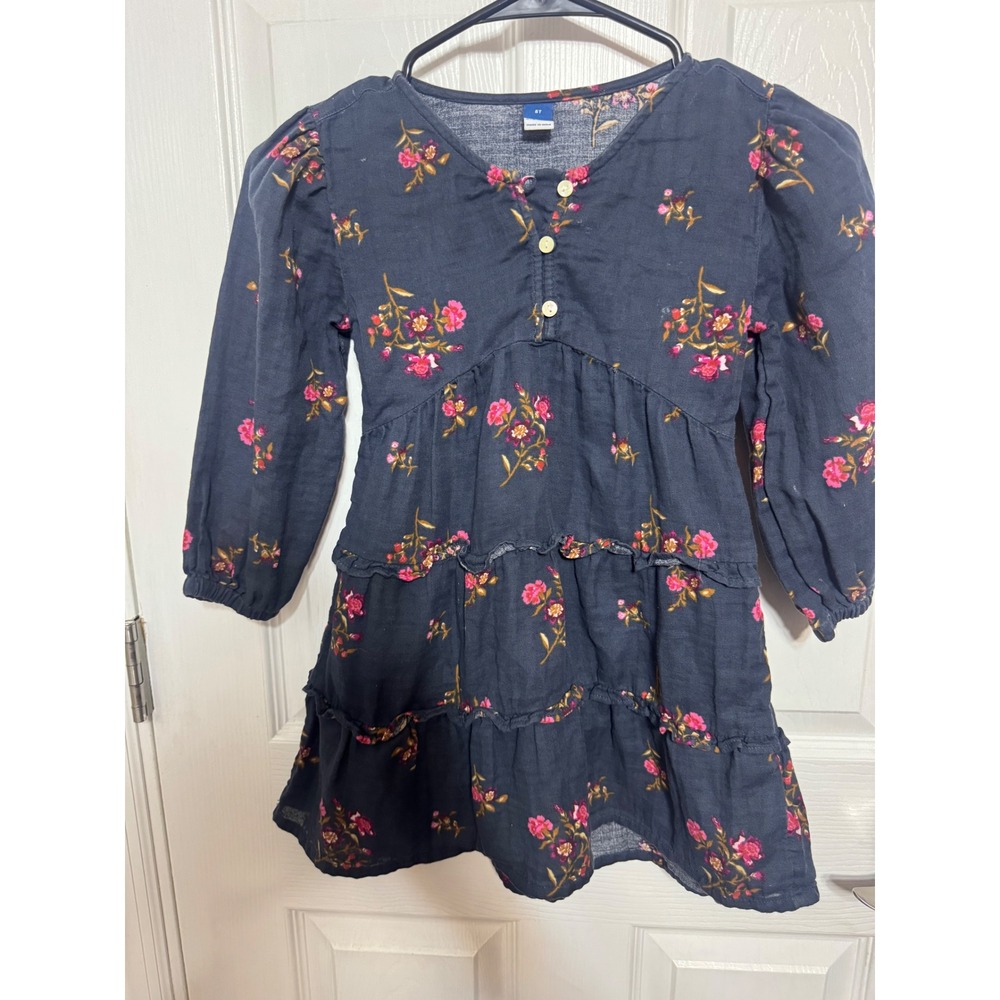 Old Navy Girls 5T Navy Blue Floral Tiered Long Sleeve Henley Dress